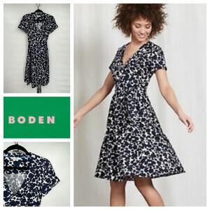 Boden Navy White Floral Print Lara Wrap Midi Dress Tie Waist Size US 6